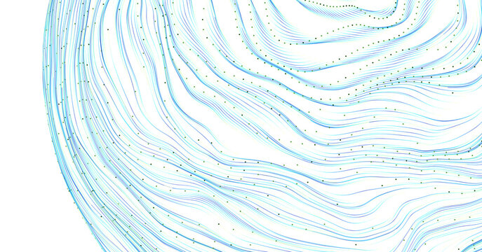 Abstract pattern with flowing lines and dots in shades of blue on white background, creating a sense of movement and dep