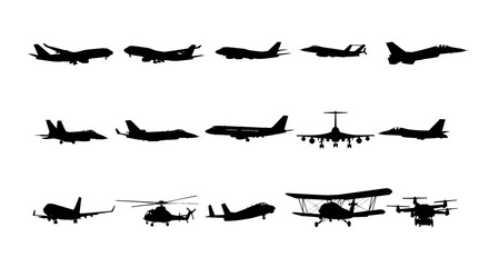 Silhouettes of diverse aircraft including airplanes helicopters and biplanes © Amena