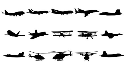Silhouettes of various military aircraft including planes and helicopters © Amena