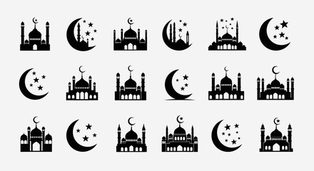 Obraz premium Islamic themed icons featuring mosques crescent moons and starry night skies