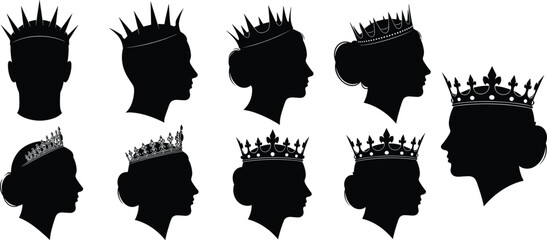 Queen crown silhouette collection, royal woman profile with tiara and king head isolated black vector illustration set © Mahedi