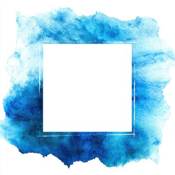 Watercolor paint frame (Blue), wet edges bleeding into texture, central white space, artistic border