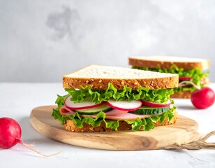 A close-up shot of a healthy sandwich with fresh ingredients on a wooden board; another sandwich is in the background