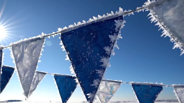 Frosty triangular flags hanging from a string against a clear blue sky