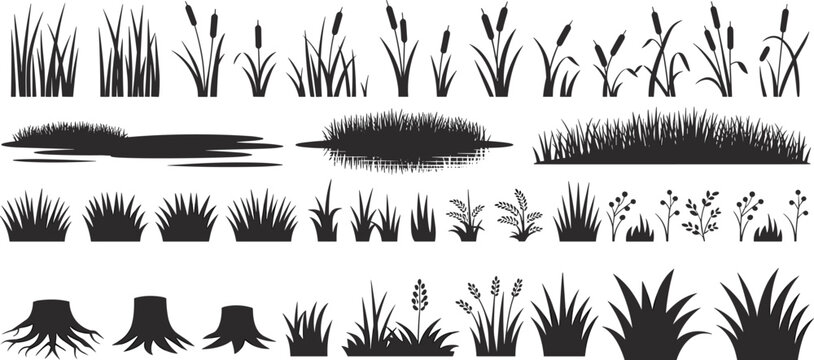 Grass and reed silhouettes collection with cattails, bushes, tree stumps and pond elements isolated on white background, black nature vector set for landscape design