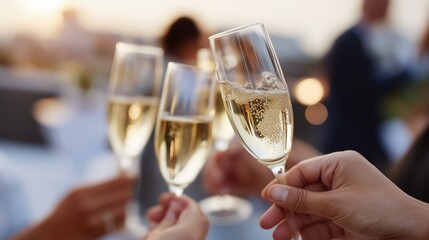Champagne glasses clinking in celebration at sunset outdoor event  
