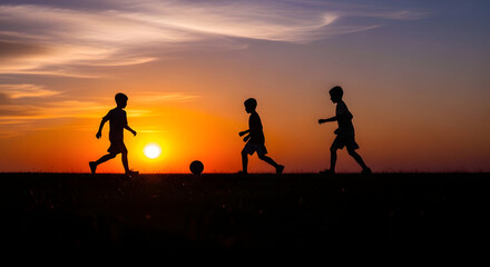 Silhouette of kids playing soccer at sunset