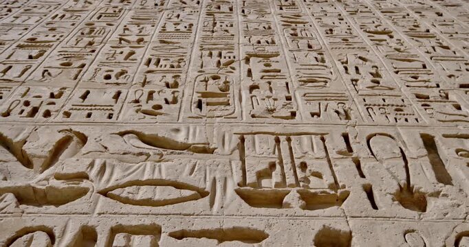 Closeup of ancient Egyptian hieroglyphic inscriptions with cartouches and bird symbols carved in sandstone wall at Medinet Habu temple in Luxor Egypt, detailed royal text.