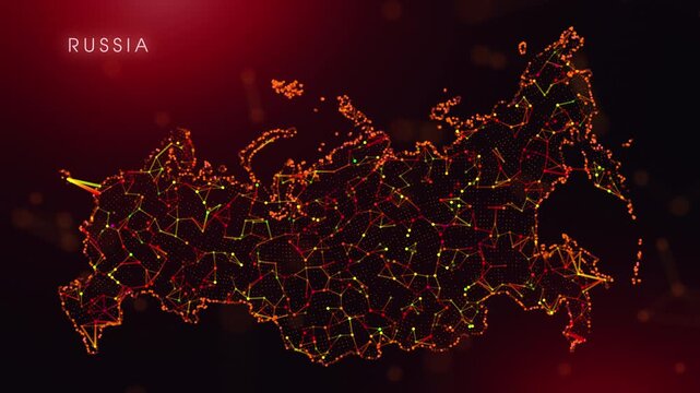 A dynamic motion video showcasing the Russia country border through a colorful plexus reveal. Glowing red and orange dots represent high-tech data communication and global digital networks.