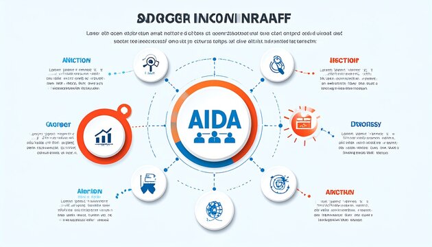A colorful infographic presents a marketing framework, with icons, text, and circular elements on a light blue background