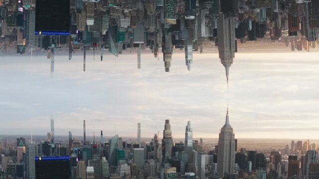 Surreal aerial mirror effect of New York City skyline creating abstract inception reality with Empire State Building touching reflection at sunset