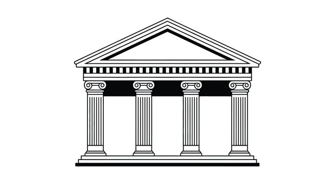 Stylized classical architecture silhouette, black and white illustration of building with columns and pediment, heritage, museum or courthouse concept, minimalist vector design isolated.