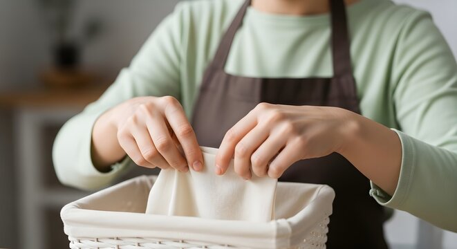 Close-up of hands carefully placing fresh, clean laundry into a woven basket, symbolizing diligent home care and everyday routine