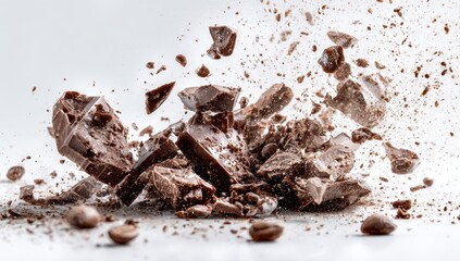 Fototapeta premium Exploding Chocolate - Dynamic Fragmentation of Dark Chocolate Pieces in Mid-Air.