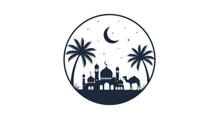 A striking circular design portrays a desert landscape with palm trees a mosque and a camel silhouette