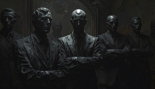 A dark, moody image featuring several statuesque figures in suits with shaved heads and crossed arms. They are in a dimly lit space