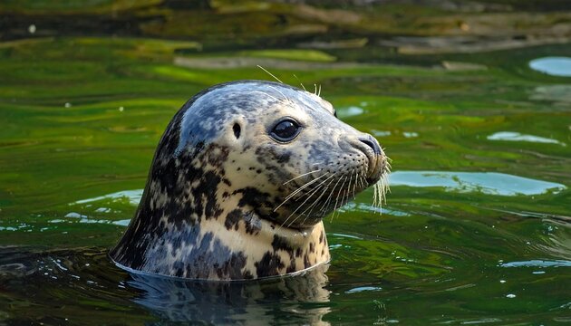 A close-up view of a grey seal's head poking through the water's surface, with its whiskers and eyes visible. The water is green