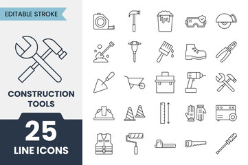 Construction tools line icons set with editable stroke. Contains icons related to toolbox, shovel, hammer, drill, saw, wrench and more. Vector illustration