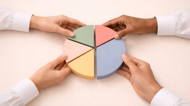 Business partners dividing shares. Equity allocation pie chart. Partnership ownership structure. Company profit distribution. Corporate finance strategy. Light pastel business background.