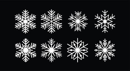 Collection of unique white snowflakes on a black background