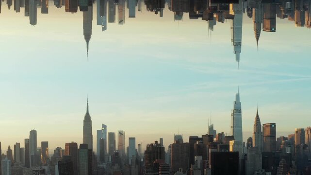 Surreal aerial mirror effect of New York City skyline revealing abstract cityscape with iconic buildings like Empire State Building and Chrysler Building