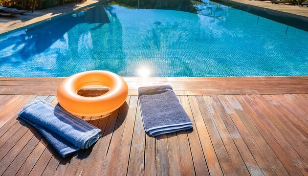 tranquil poolside scene with inflatable rings and towels bathed in warm sunlight