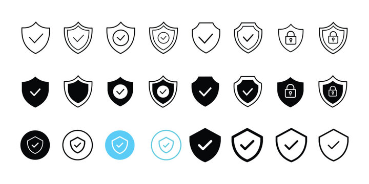 Set of security shield icons, security shields logotypes with check mark and padlock. Security shield symbols. Vector illustration