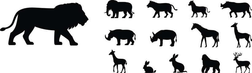 Wild animal silhouettes collection featuring lion, elephant, rhinoceros, horse and deer isolated on white background, black wildlife vector set for logo, print and design © Arman's World