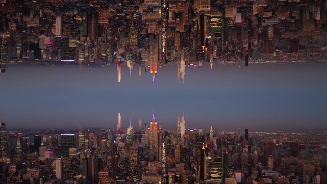 Kaleidoscopic aerial survey of New York City's illuminated skyline, creating abstract and surreal urban pattern with mirror effect on metropolis at twilight
