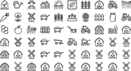 Farm agriculture outline icon set with barn tractor crops animals tools for rural farming web design vector illustration collection pack © pickyrs