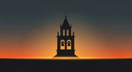 Silhouette of a church tower at sunset with orange and yellow gradient sky on transparent background