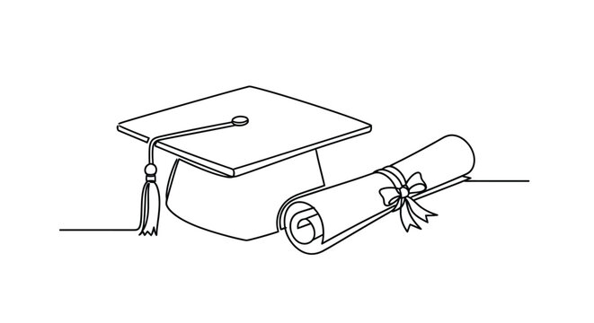 Graduation Cap and Diploma Scroll Line Art for Education Success Celebration