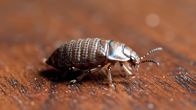 Closeup macro shot of a pill bug or rolypoly insect crawling on a textured wooden surface with shallow depth of field.