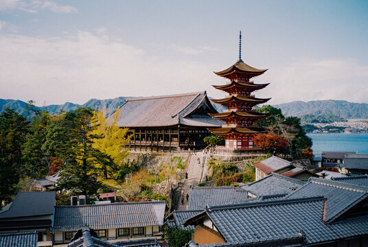 Scenic view of pagoda on Miyajima island in Japan 