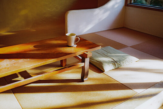 Cup of tea on the table in traditional Japanese room 