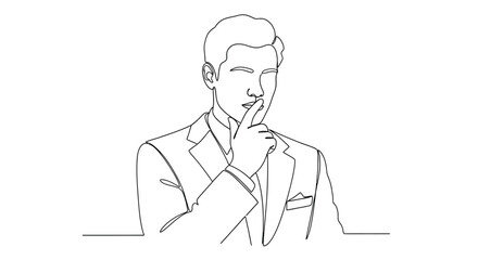 Fototapeta premium Businessman making silence gesture with finger on lips in continuous line art