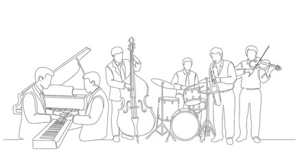Continuous line drawing of jazz band musicians playing instruments on stage © StockSynergy