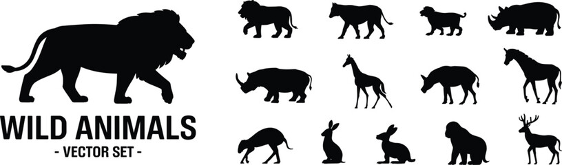 Wild animals vector set with lion, rhinoceros, giraffe, horse, deer and rabbit silhouettes isolated on white background, black wildlife collection for logo and print design © Arman's World