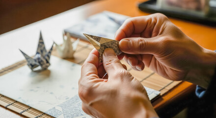 close up of artisan hands carefully folding a patterned paper crane in a traditional origami workshop