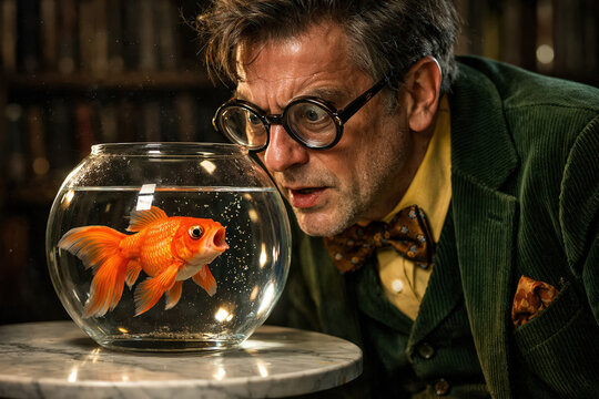 T&ecirc;te-&agrave;-t&ecirc;te entre le savant et le poisson rouge.
Portrait d'un homme &agrave; lunettes observant un poisson avec stupeur.