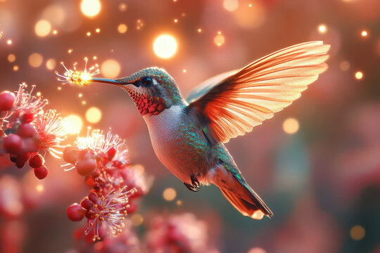Hummingbird hovering over flower.