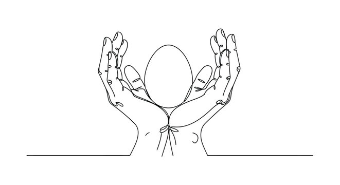 Continuous line drawing of hands cupping and protecting a single egg