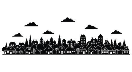 A striking black cityscape with fluffy clouds above presented in a bold silhouette high quality professional detailed modern © MIRAJ02