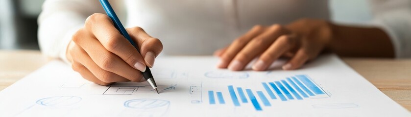 Hand holding pen analyzing charts and graphs on paper. Focus on analysis and planning, business strategy, data interpretation. (business, analysis)