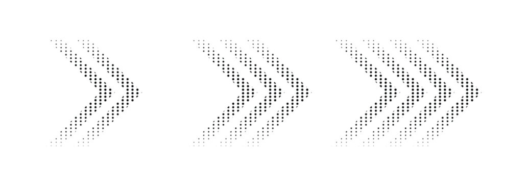Halftone arrows, graphic pointers set, dynamic symbols with speed effect. Three right pointing chevron arrows composed of halftone dots, increasing in size from left to right