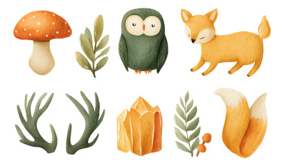 Fototapeta premium Whimsical Forest Creatures and Elements in Watercolor with Transparent Background