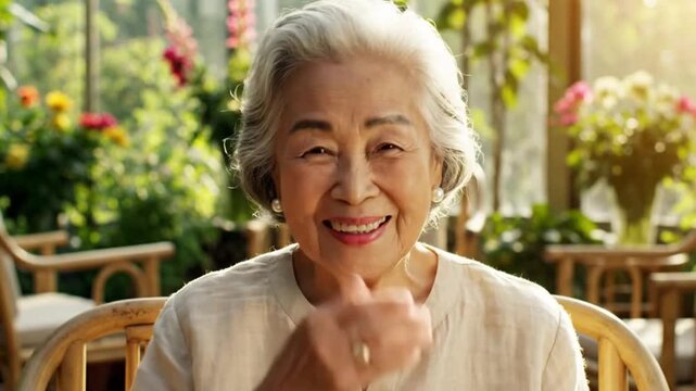 A radiant elderly Asian woman with beautiful silver hair expresses pure joy and genuine happiness, covering her mouth with her hand as she laughs or smiles warmly. Her authentic, heartwarming expressi