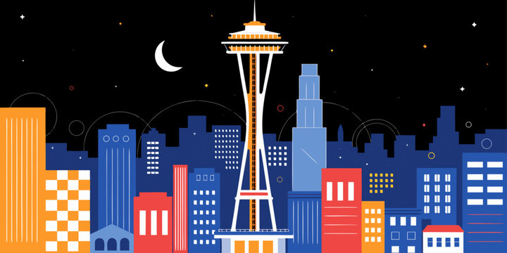 USA, US, U.S, United States - Space Needle at night with city lights, ultra-wide flat vector banner