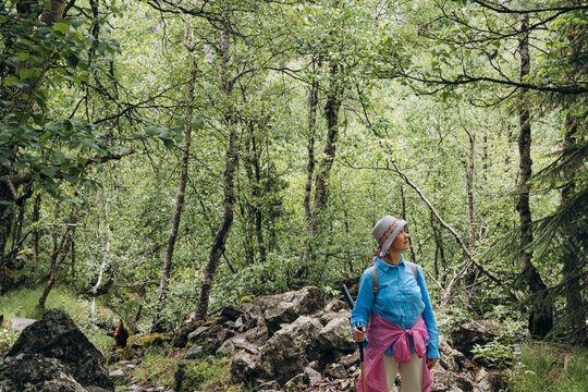 Woman hiking in a forest during summer day