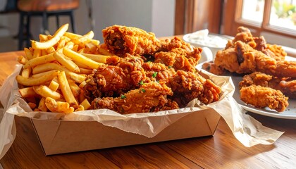 A close-up shot of a meal with crispy fried chicken and golden french fries served on a wooden table